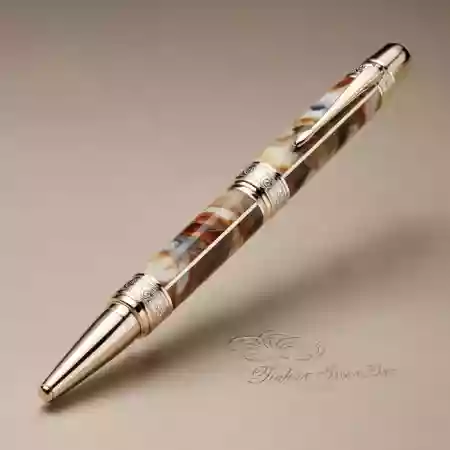 Pen making workshop showing skilled artisans crafting luxury pens with traditional techniques and modern precision tools